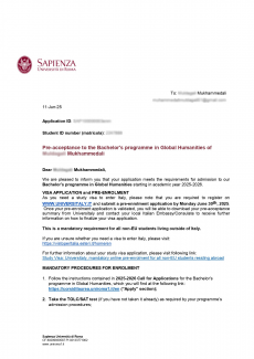 Pre-Acceptance Letter University of Sapienza